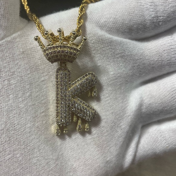 Gold Plated Crowned Dripping Bubble “K” Initial & Necklace Micropave - Picture 2 of 5
